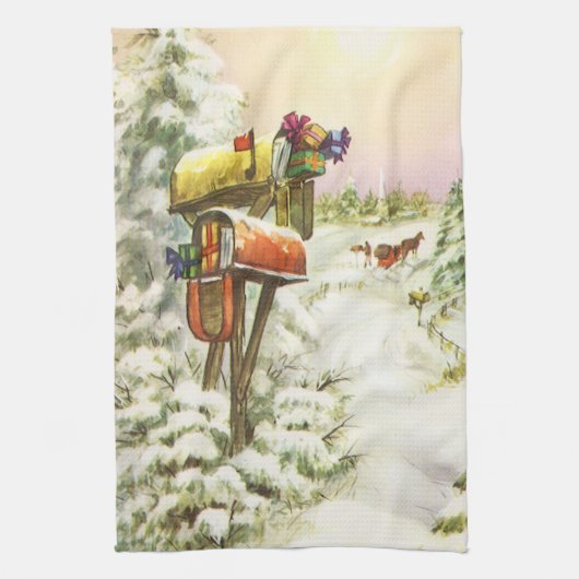 Oud Kerstmis, Brievenbussen in Winterlandschap  Theedoek (Verticaal)