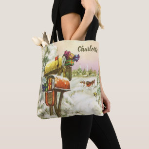 Oud Kerstmis, brievenbussen in winterlandschap Tote Bag