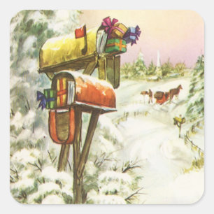 Oud Kerstmis, Brievenbussen in Winterlandschap  Vierkante Sticker