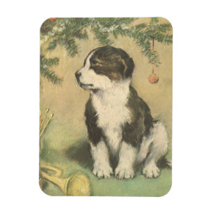 Oud Kerstmis, Cute Puppy Onder Kerstboom Magneet