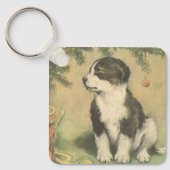 Oud Kerstmis, Cute Puppy Onder Kerstboom Sleutelhanger (Voorkant)
