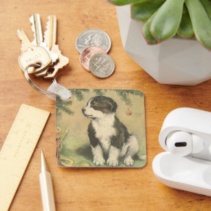 Oud Kerstmis, Cute Puppy Onder Kerstboom Sleutelhanger
