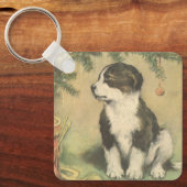 Oud Kerstmis, Cute Puppy Onder Kerstboom Sleutelhanger (Voorkant)