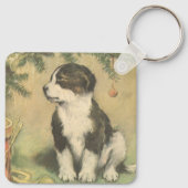 Oud Kerstmis, Cute Puppy Onder Kerstboom Sleutelhanger (Achterkant)