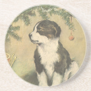 Oud Kerstmis, Cute Puppy Onder Kerstboom Zandsteen Onderzetter