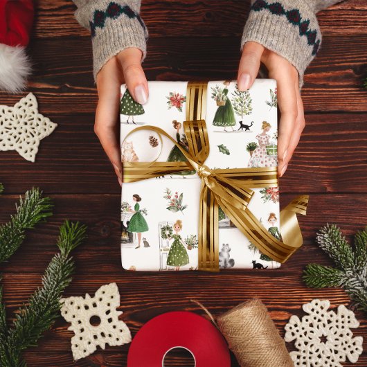 Oud Kerstmis Dames en Katten Waterverf Cadeaupapier
