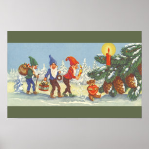 Oud Kerstmis, elfen in het besneeuwde woud winter Poster