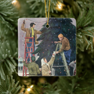 Oud Kerstmis, Familie die Lichtjes aan de Boom Han Keramisch Ornament