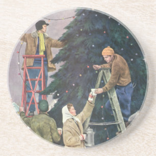 Oud Kerstmis, Familie die Lichtjes aan de Boom Han Zandsteen Onderzetter