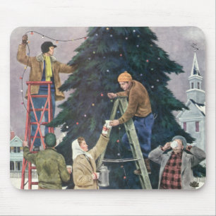 Oud Kerstmis, Familie die Lichtjes aan de Boom Rij Muismat