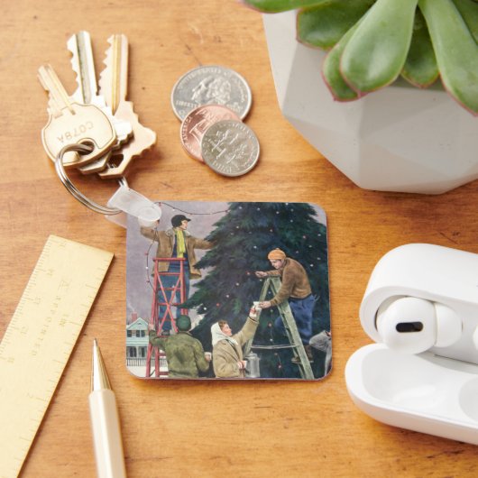 Oud Kerstmis, Familie hangt lichtsnoeren in de ker Sleutelhanger (Bureau)