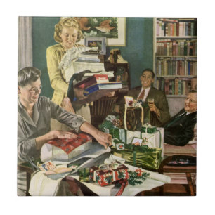 Oud Kerstmis, Gelukkig gezin dat cadeaus inpakt Tegeltje