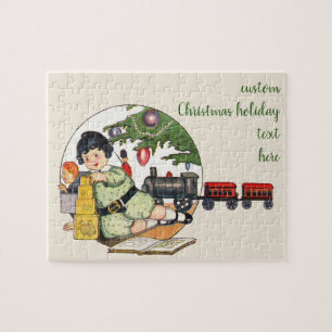 Oud Kerstmis, Gelukkig Jongen Speelt met Speelgoed Legpuzzel