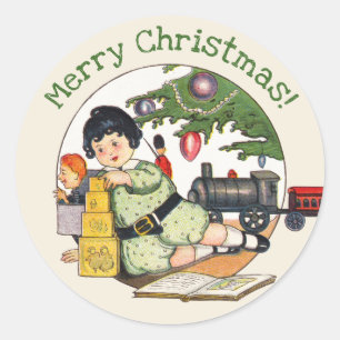 Oud Kerstmis, Gelukkig Jongen Speelt met Speelgoed Ronde Sticker