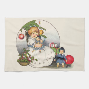Oud Kerstmis, Gelukkig Meisje Speelt met Poppen Theedoek