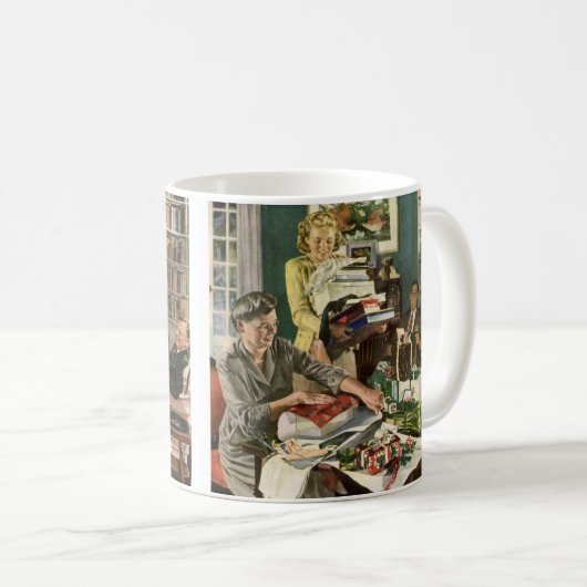 Oud Kerstmis, Gelukkige Familie die Cadeaus Inpakt Koffiemok (Voorkant rechts)