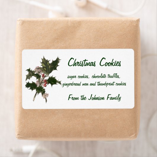 Oud Kerstmis, groene hulstplant met bessen Etiket (Insitu)