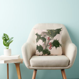 Oud Kerstmis, groene hulstplant met bessen Kussen