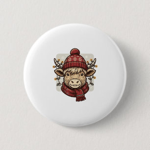 Oud Kerstmis Hoogland Koe Vector T-shirt Ontwerp Ronde Button 5,7 Cm