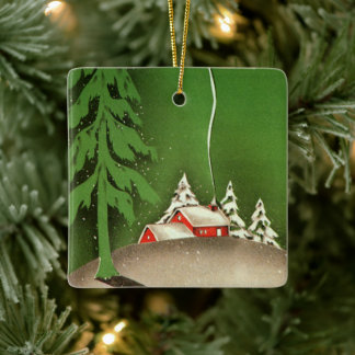Oud Kerstmis, huis in besneeuwd bos Keramisch Ornament