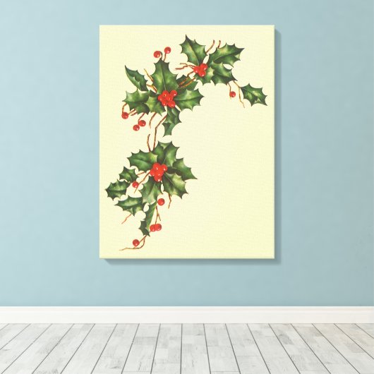Oud Kerstmis, Hulstplant met Rode Bessen Canvas Afdruk (Insitu (Houten vloer))