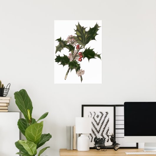 Oud Kerstmis, Hulstplant met Rode Bessen Poster (Thuiskantoor)