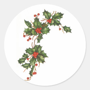 Oud Kerstmis, Hulstplant met Rode Bessen Ronde Sticker