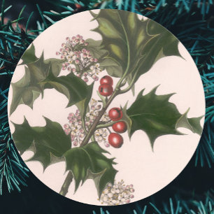 Oud Kerstmis, Hulstplant met Rode Bessen Ronde Sticker
