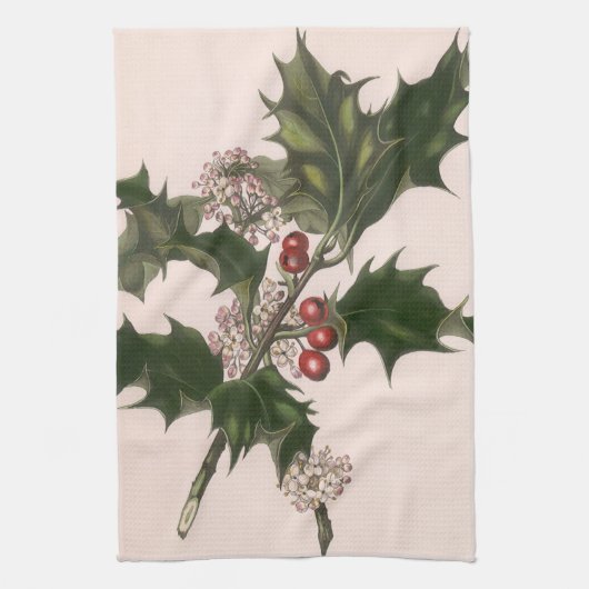 Oud Kerstmis, Hulstplant met Rode Bessen Theedoek (Verticaal)