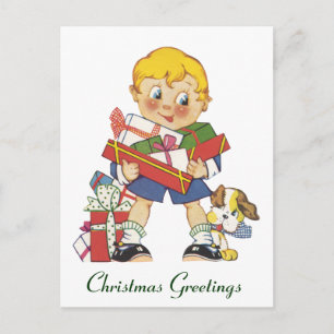 Oud Kerstmis, Jongen met Cadeaus en Hondje Feestdagenkaart