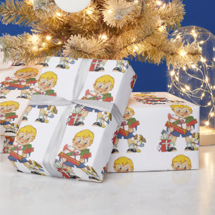 Oud Kerstmis, Jongen met Cadeaus en Puppies Cadeaupapier