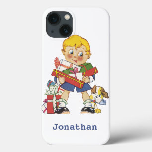 Oud Kerstmis, Jongen met Cadeaus en Puppies iPhone 13 Hoesje