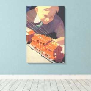 Oud Kerstmis, Jongen speelt met speelgoedtreinen Canvas Afdruk