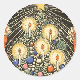 Oud Kerstmis, Kerstboom met Kaarsen en een Ster Ronde Sticker