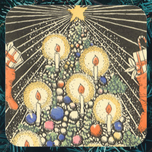 Oud Kerstmis, Kerstboom met Kaarsen en een Ster Vierkante Sticker