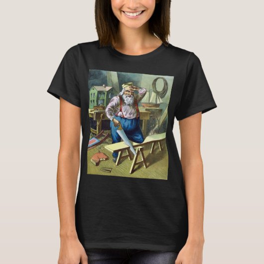 Oud Kerstmis, Kerstman Bouwt Speelgoed Zaag T-shirt (Voorkant)