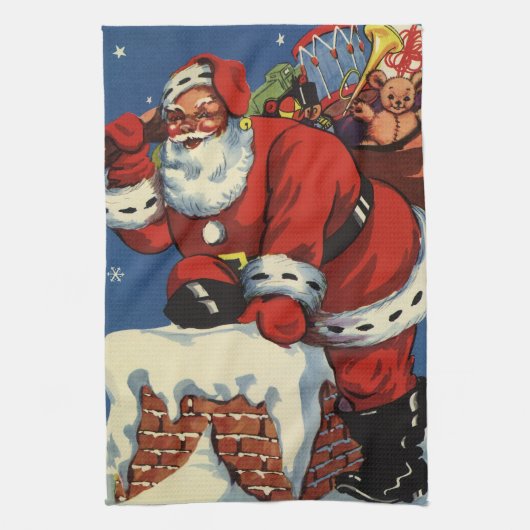 Oud Kerstmis, Kerstman gaat de schoorsteen af met  Theedoek (Verticaal)
