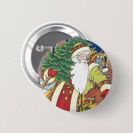 Oud Kerstmis, Kerstman Herten in Bos Ronde Button 5,7 Cm (Voorkant /achterkant)