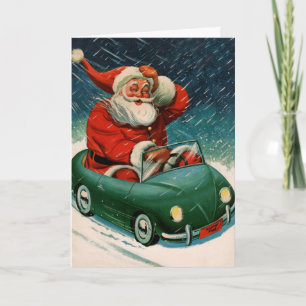 Oud Kerstmis, Kerstman in een Cute Auto Feestdagen Kaart