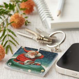 Oud Kerstmis, Kerstman in een Cute Auto Sleutelhanger