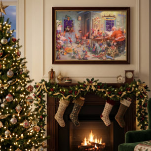 Oud Kerstmis, kerstman met elfen werkplaats Poster