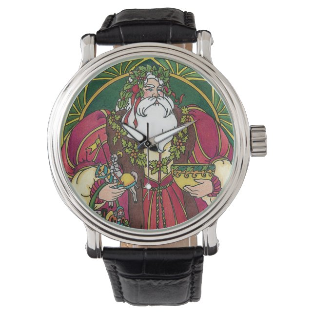 Oud Kerstmis, Kerstman met Hulstblaadjes Horloge (Voorkant)