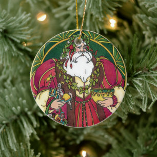 Oud Kerstmis, Kerstman met Hulstblaadjes Keramisch Ornament