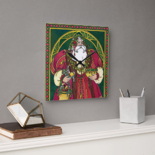 Oud Kerstmis, Kerstman met Hulstblaadjes Vierkante Klok