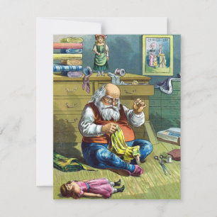 Oud Kerstmis, Kerstman Naaiend met Poppen Uitnodig Kaart