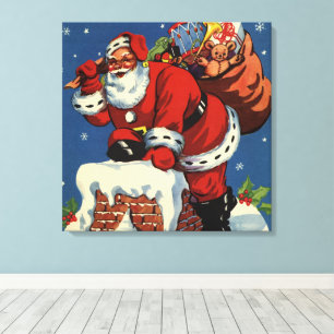 Oud Kerstmis, Kerstman naar beneden door schoorste Canvas Afdruk
