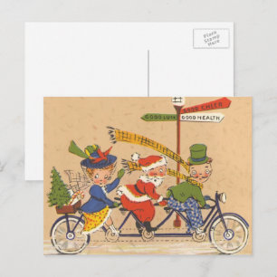 Oud Kerstmis, Kerstman rijdt op een fiets Feestdagenkaart