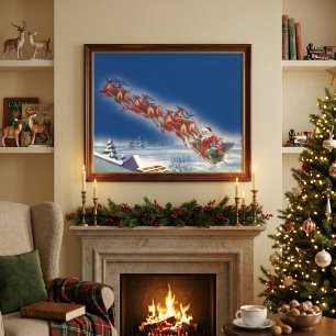 Oud Kerstmis, Kerstman vliegt met slee en rendiere Poster