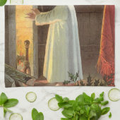 Oud Kerstmis, kind dat zich warmt bij de open haar Theedoek (Gevouwen)