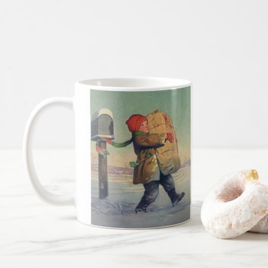 Oud Kerstmis, Kind met Groot Pakket Koffiemok (Met donut)